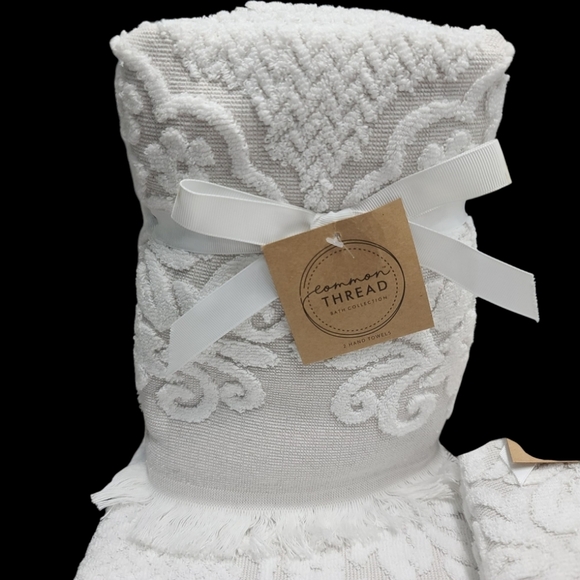 6 Piece COMMON THREAD Bath Hand Tip Towel Set Cream Scroll Jaquered Damask New - Picture 2 of 9
